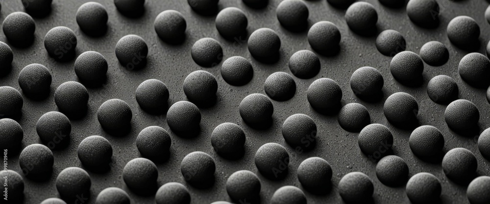 Poster A close-up black and white textured surface with numerous small, round, dark spheres arranged in a grid-like pattern