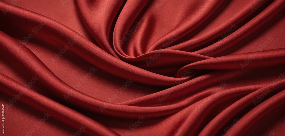Poster a close-up view fabric with a deep red color, appearing to be silk or satin, with a smooth and shiny