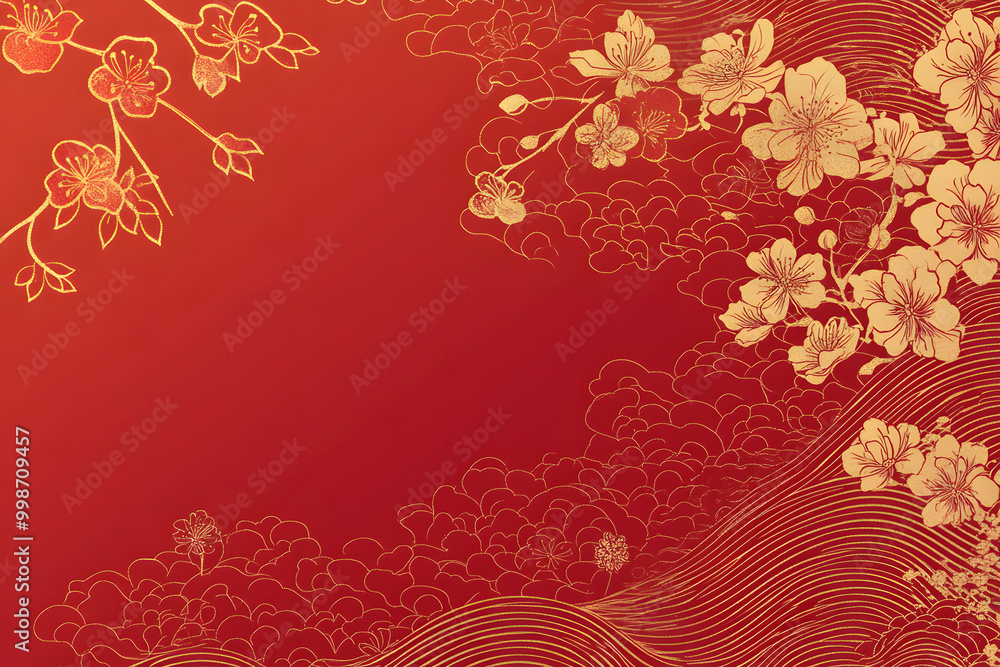 Poster a red background with golden gradient wave lines as decoration on the right side