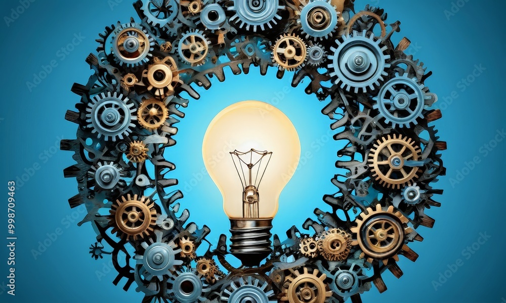 Poster a light bulb is encircled by a wreath of gears, symbolizing the concept of innovation and technology