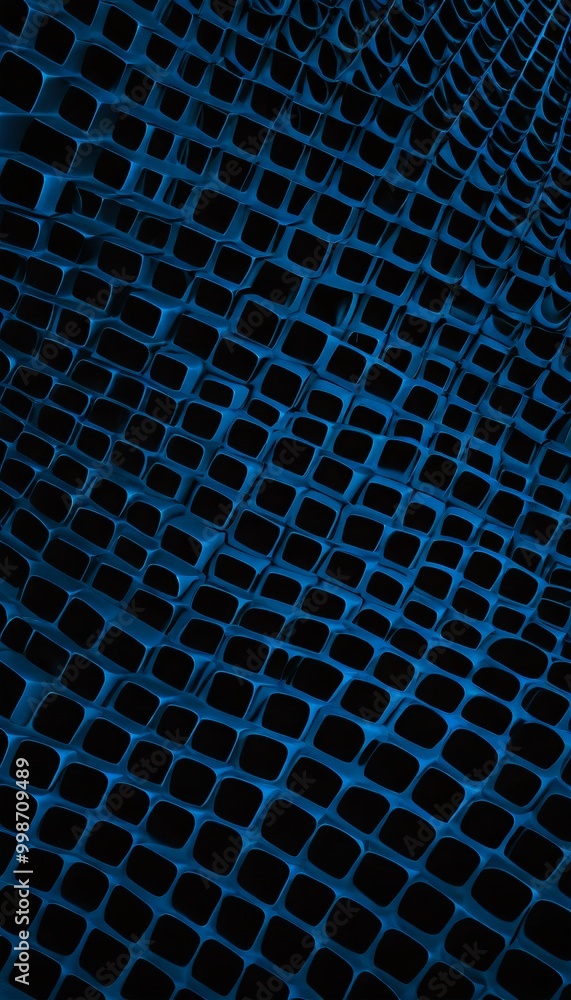 Poster a complex pattern of blue and black squares arranged in a diagonal grid, creating a visually striking and abstract design