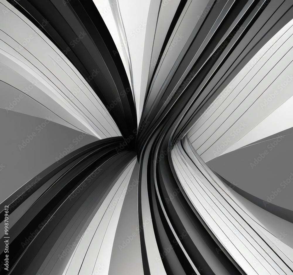 Poster a striking black and white abstract composition featuring a complex interplay of curved lines and intersecting beams, creating a sense of dynamic movement and energy