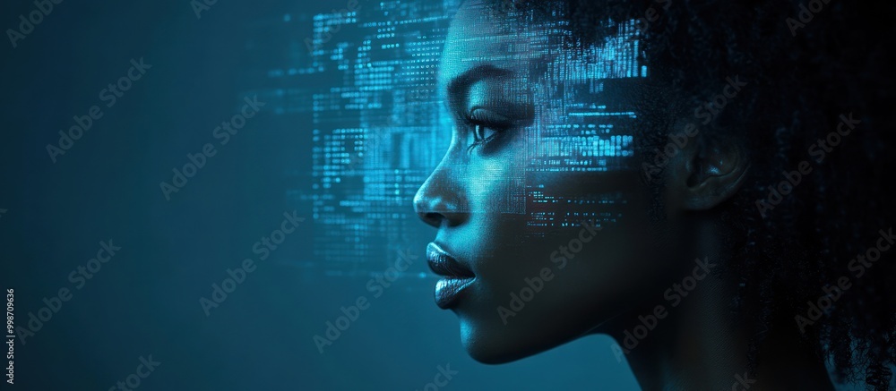 Poster A woman's face is overlaid with blue digital code, symbolizing the intersection of technology and human intelligence.