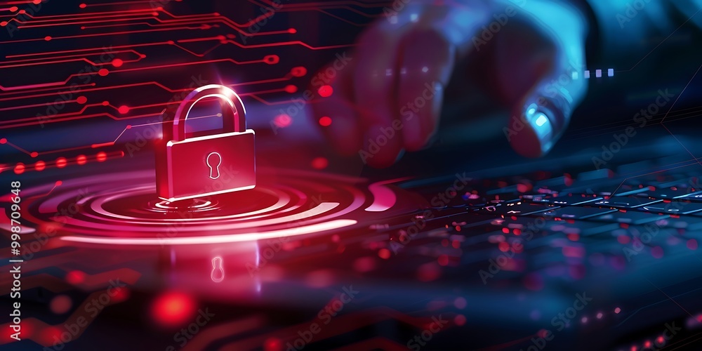 Poster cyber security concept. hand pressing keypad lock on laptop keyboard