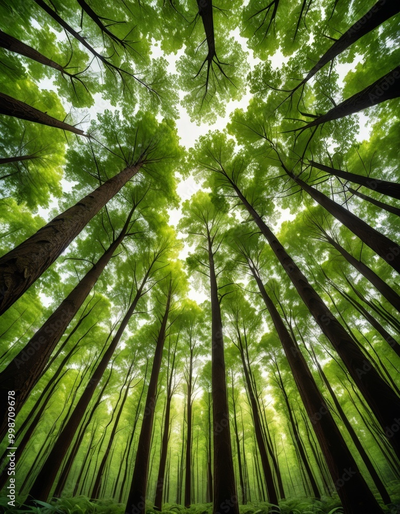 Poster A vertical view dense forest canopy, with sunlight filtering through the lush green leaves and casting dappled shadows on the forest floor