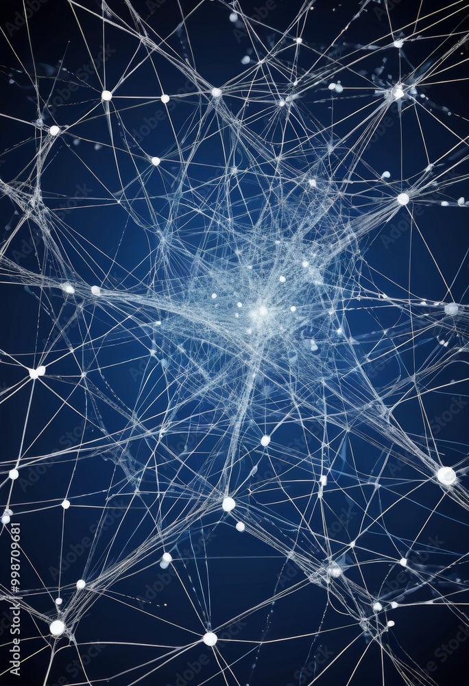 Fototapete a complex network of interconnected lines and dots, resembling a web or a network of stars, against a dark blue background
