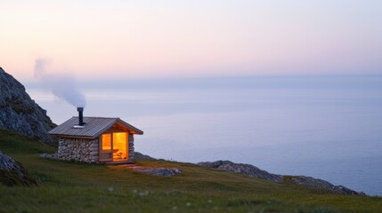 Nordic stone sauna by the sea at sunset for relaxation and rejuvenation