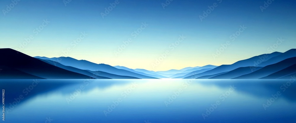 Poster a serene landscape with a calm lake reflecting the surrounding mountains and sky, captured in a mini