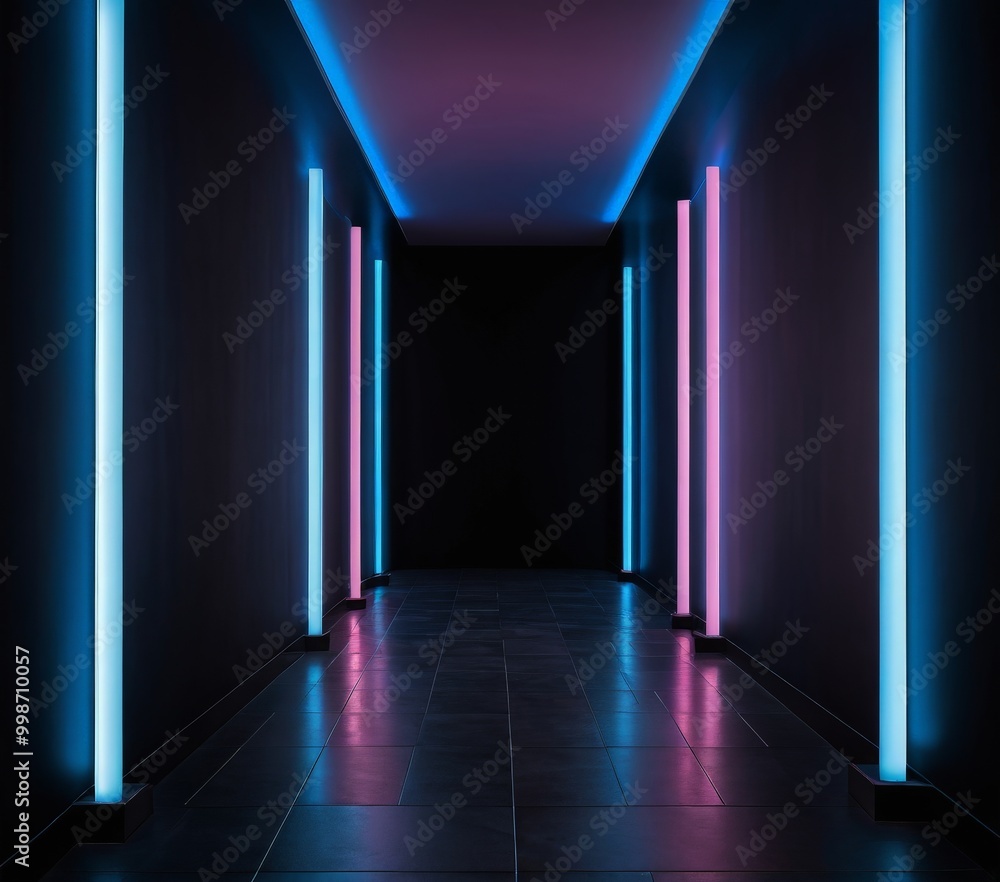 Poster A long, dimly lit corridor with a tiled floor and three vertical columns of glowing blue and pink lights on either side, creating a sense of depth and perspective