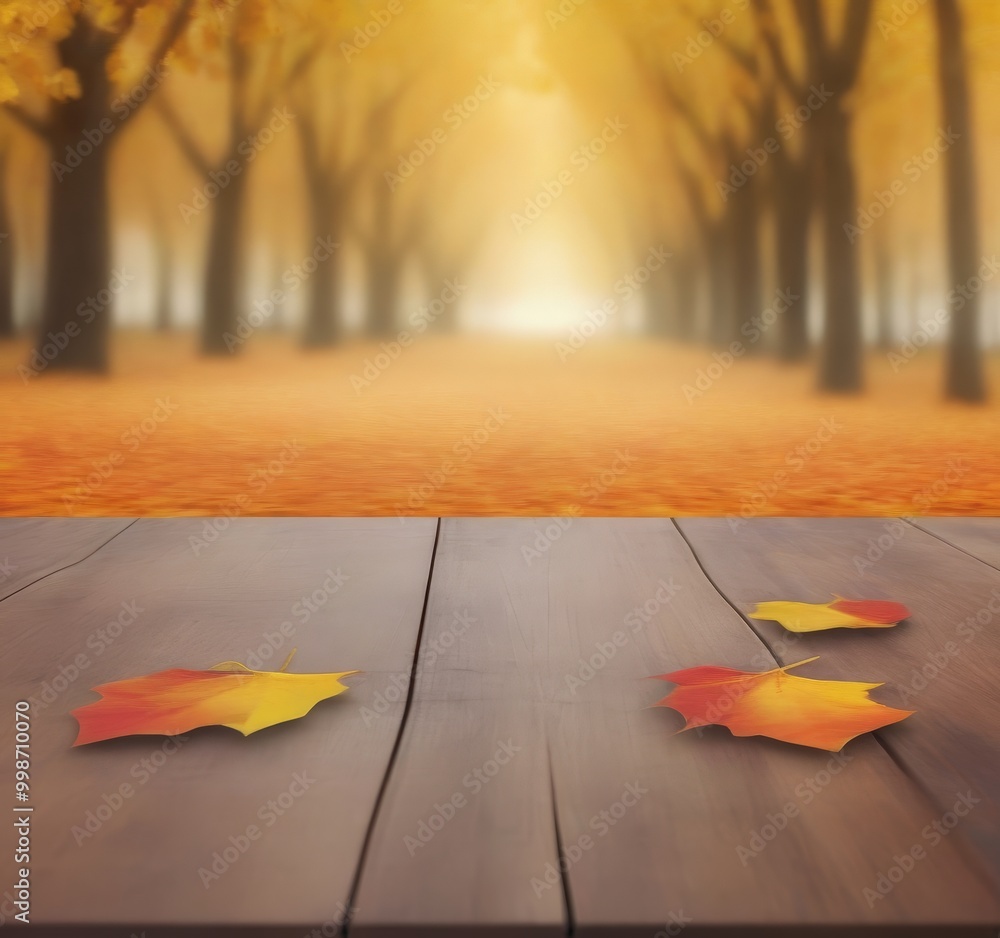 Poster A wooden table with autumn leaves in the foreground and a blurred path of trees in the background, creating a serene autumnal scene