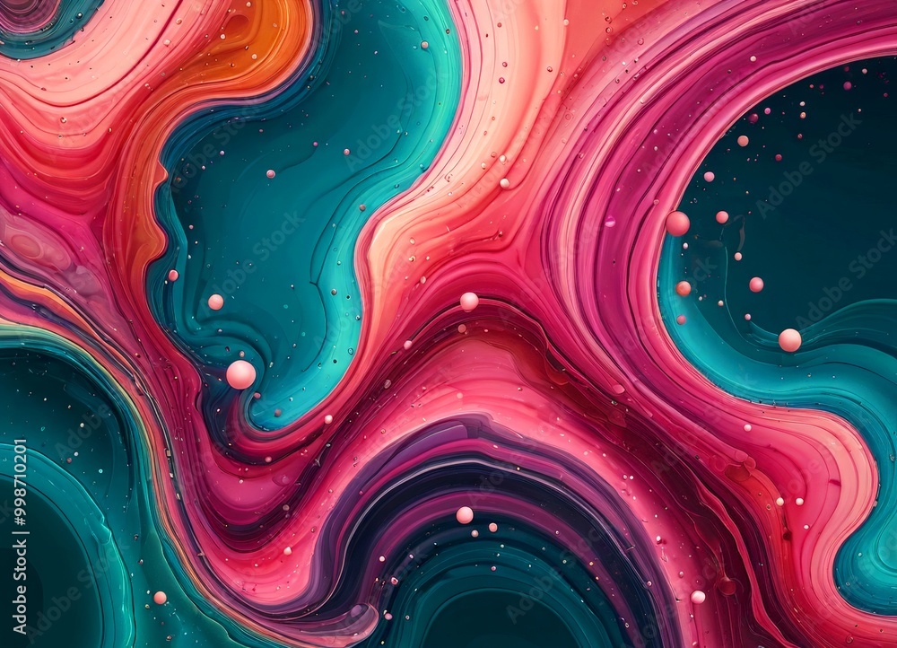 Poster a vibrant abstract composition featuring swirling patterns of pink, blue, and orange hues, with smal