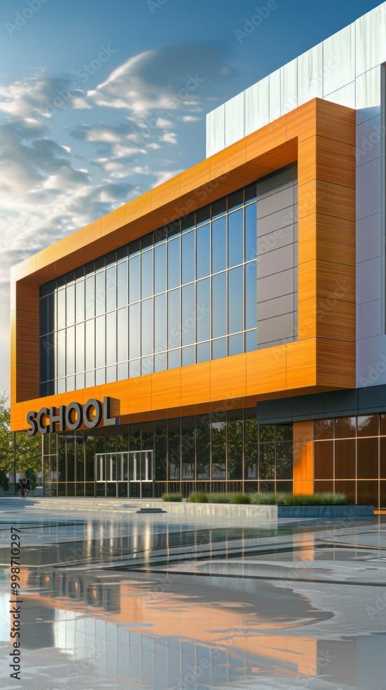 Poster a school building with a large window and a sign that says 