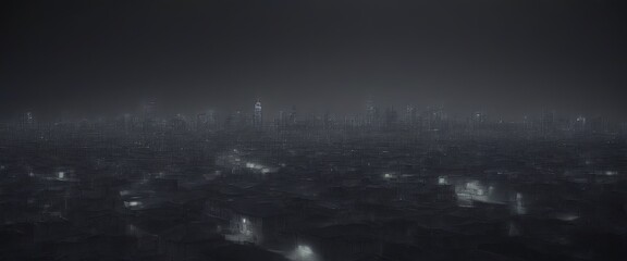 A cityscape shrouded in darkness, with a dense array of buildings and skyscrapers, their lights twinkling like stars against the night sky