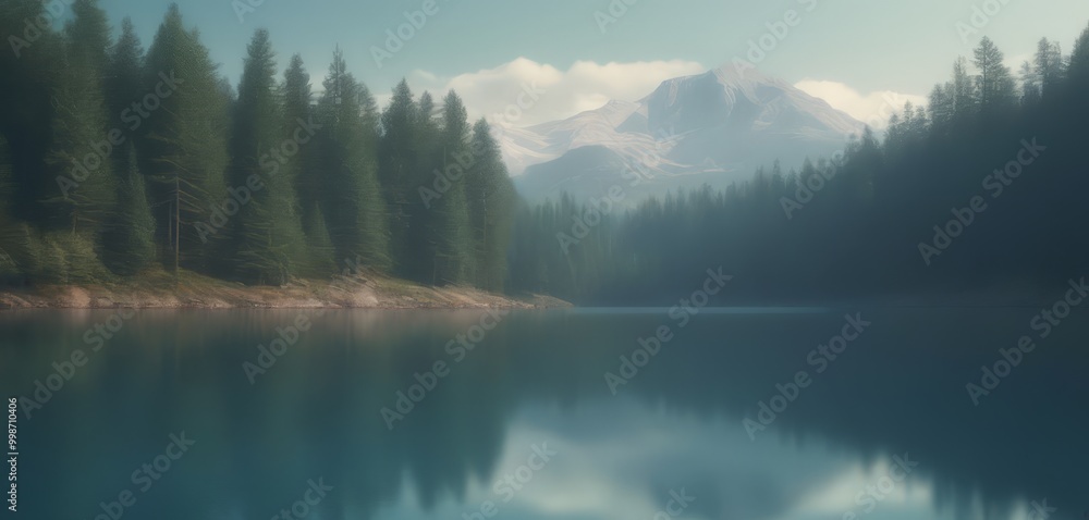 Poster a serene mountain lake, surrounded by a dense forest, is captured in a tranquil, hazy atmosphere the