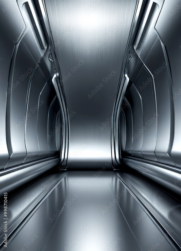 Poster A futuristic corridor with a reflective, metallic floor and walls, creating a sense of depth and space