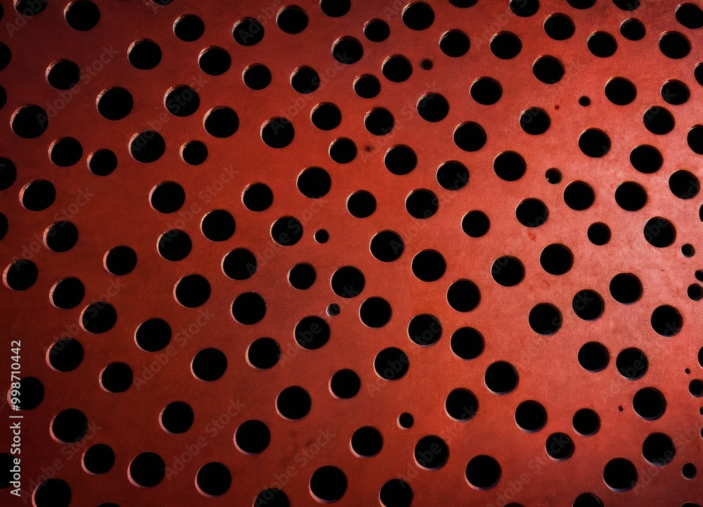 Aufkleber A close-up view red metal surface with a perforated pattern, featuring a dark red color and a slight shadow effect