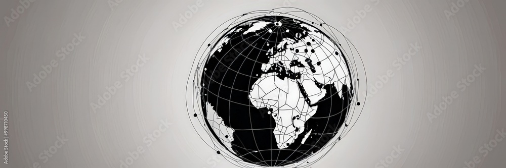 Poster a black and white globe with a wireframe map of the world, set against a gray background