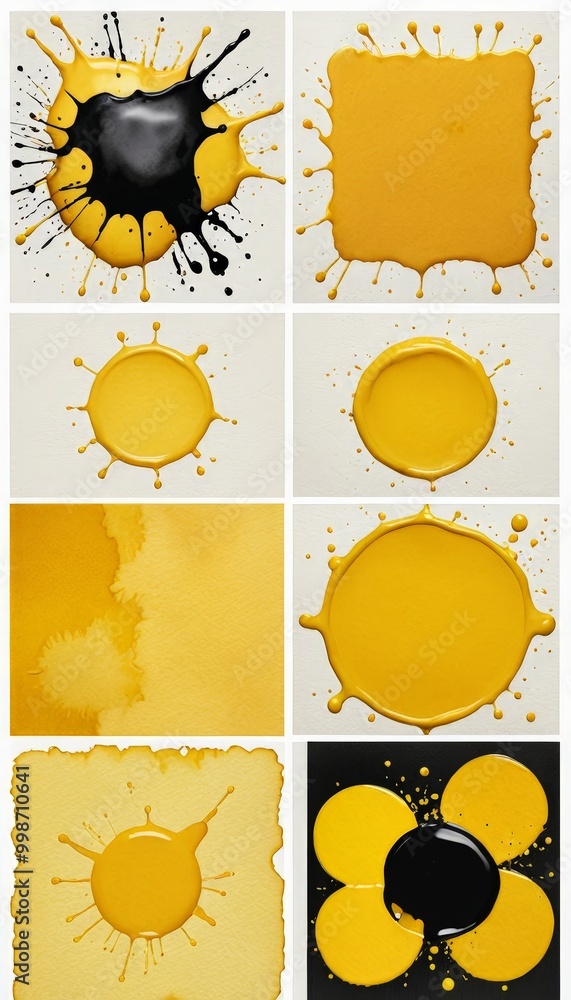 Poster a collage of eight distinct yellow paint splatters and splotches, each with a unique shape and size,