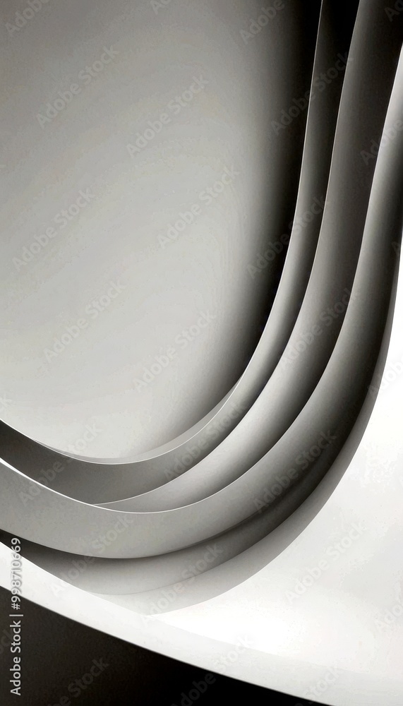 Poster a minimalist design with a repeating pattern of curved lines in varying shades of gray, creating a sense of depth and movement