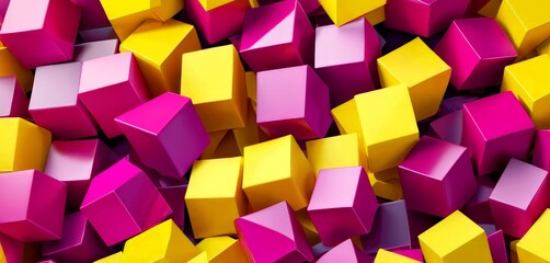 A vibrant abstract composition of overlapping cubes in various shades of pink and yellow, creating a dynamic and visually striking pattern