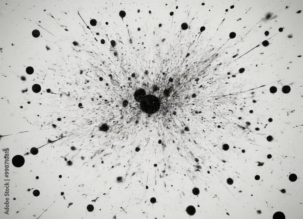 Poster a black and white abstract composition of numerous small dots and splatters, creating a sense of ran