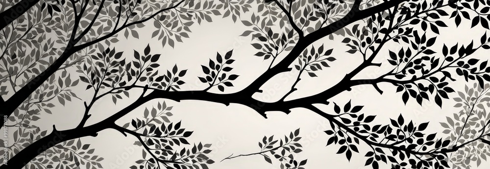 Leinwandbilder a striking black and white tree branch with intricate leaf patterns, creating a sense of depth and complexity