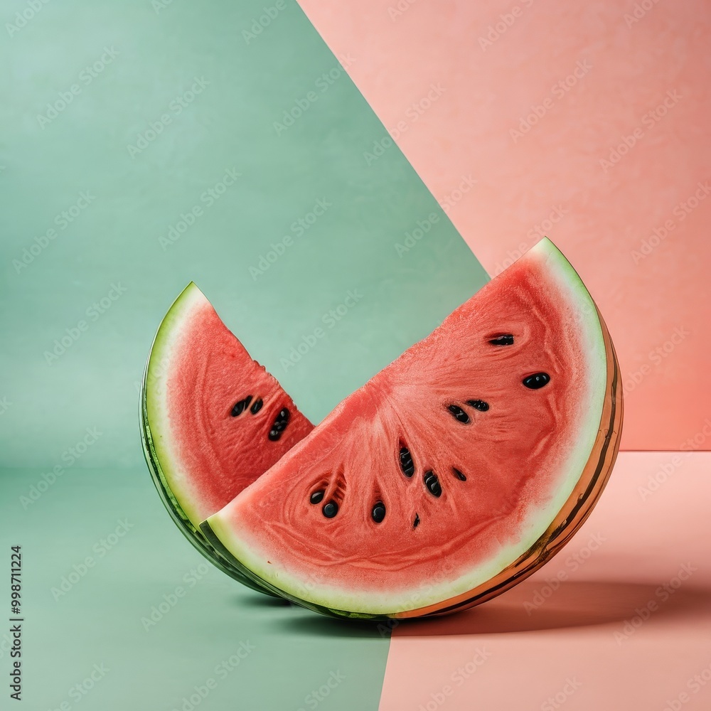 Poster a vibrant watermelon slice is displayed against a geometric background, with a green and pink color 