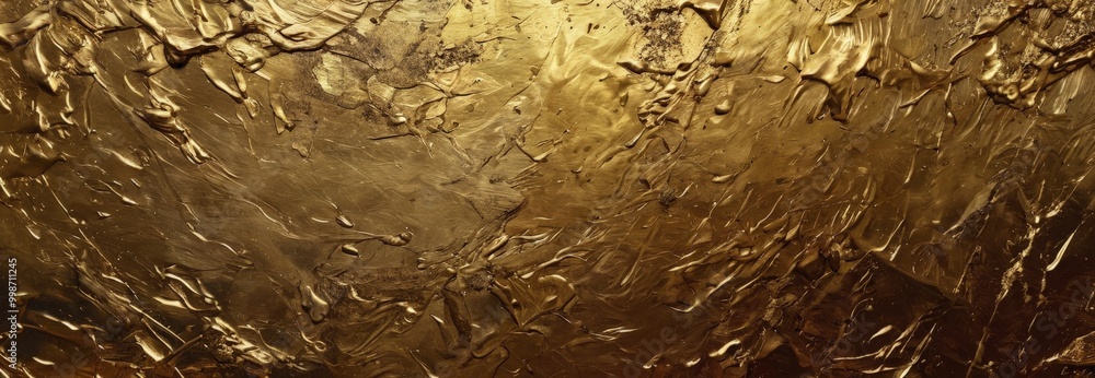 Poster a textured surface with a golden, shiny, and reflective appearance, resembling a metallic or metalli