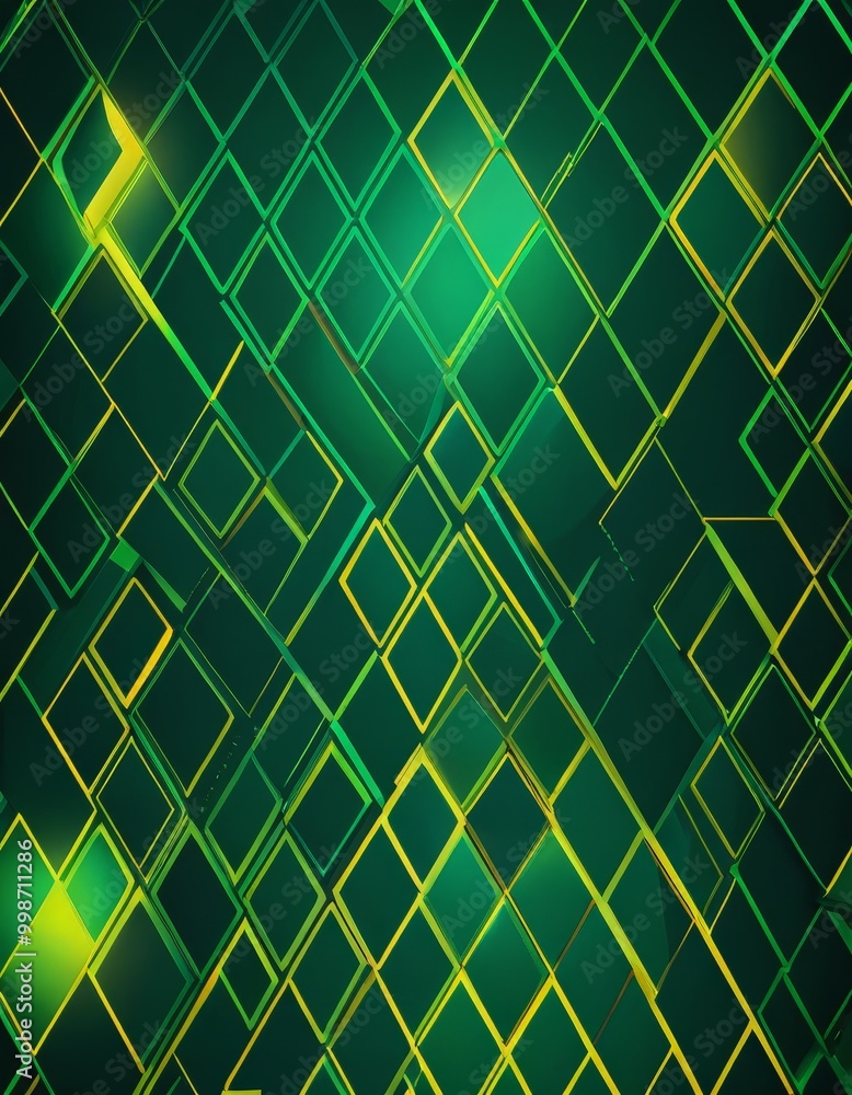 Poster a geometric pattern composed of numerous overlapping square and rectangular shapes in shades of green and yellow, creating a visually striking and abstract design
