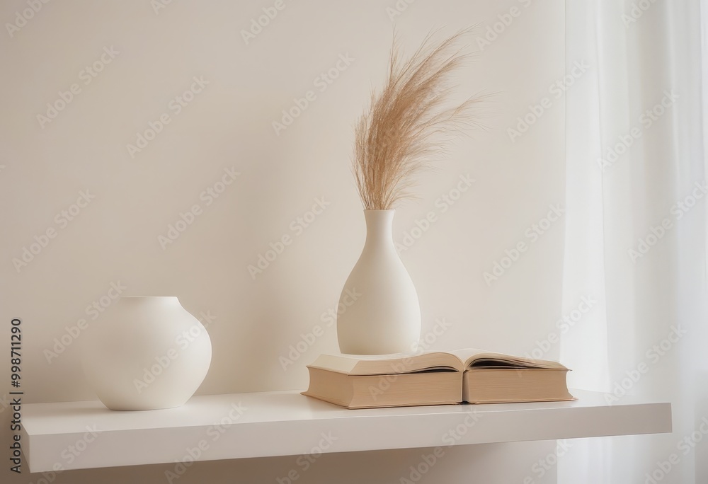 Poster a minimalist white shelf displays a vase with dried grass, an open book, and a small white vase, cre
