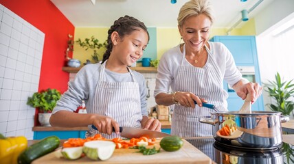 A mother and daughter smile as they prepare a meal together in a colorful, modern kitchen. They are chopping vegetables and stirring a pot, showcasing a joyful family bonding moment.