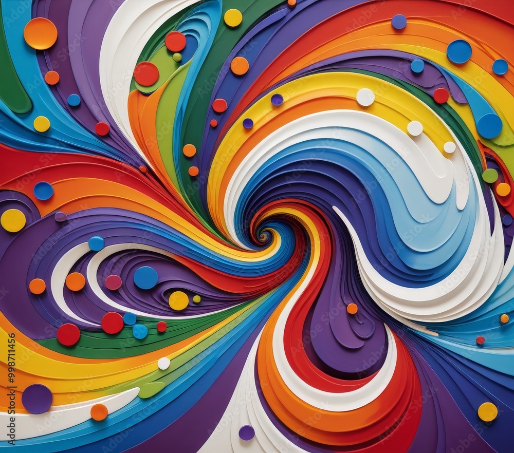 Poster a vibrant abstract artwork featuring a swirling pattern of multicolored shapes and circles, creating a dynamic and visually striking composition
