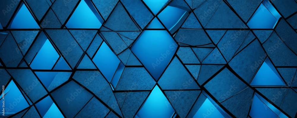 Poster a geometric pattern composed of numerous triangular shapes, with varying shades of blue and black, creating a visually striking and abstract design