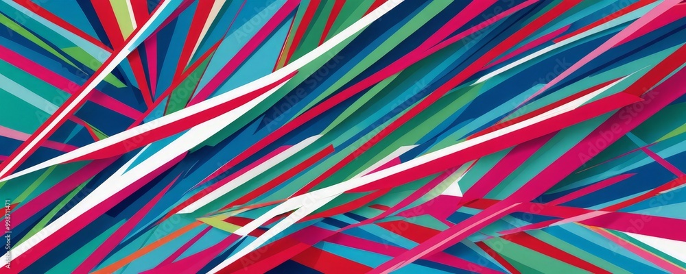 Poster a vibrant abstract composition featuring intersecting lines and shapes in a variety of bright colors