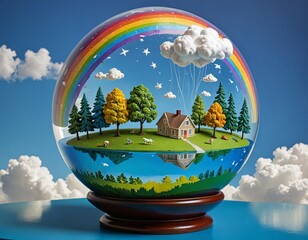 Fototapeta premium A whimsical miniature landscape encased in a glass snow globe, featuring a rainbow, clouds, trees, a house, and animals, set against a blue sky with fluffy white clouds