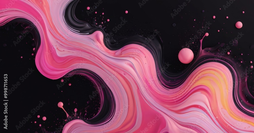 Poster a swirling, abstract pattern of pink and black hues, with small white dots scattered throughout, creating a dynamic and visually striking composition