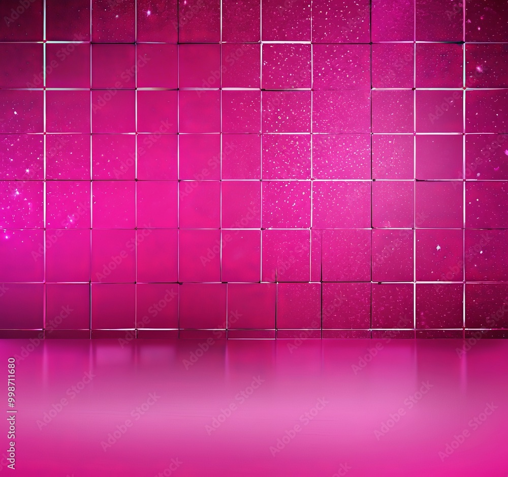 Poster a grid of square tiles in a vibrant pink color, with a subtle glitter effect, creating a visually striking and dynamic background
