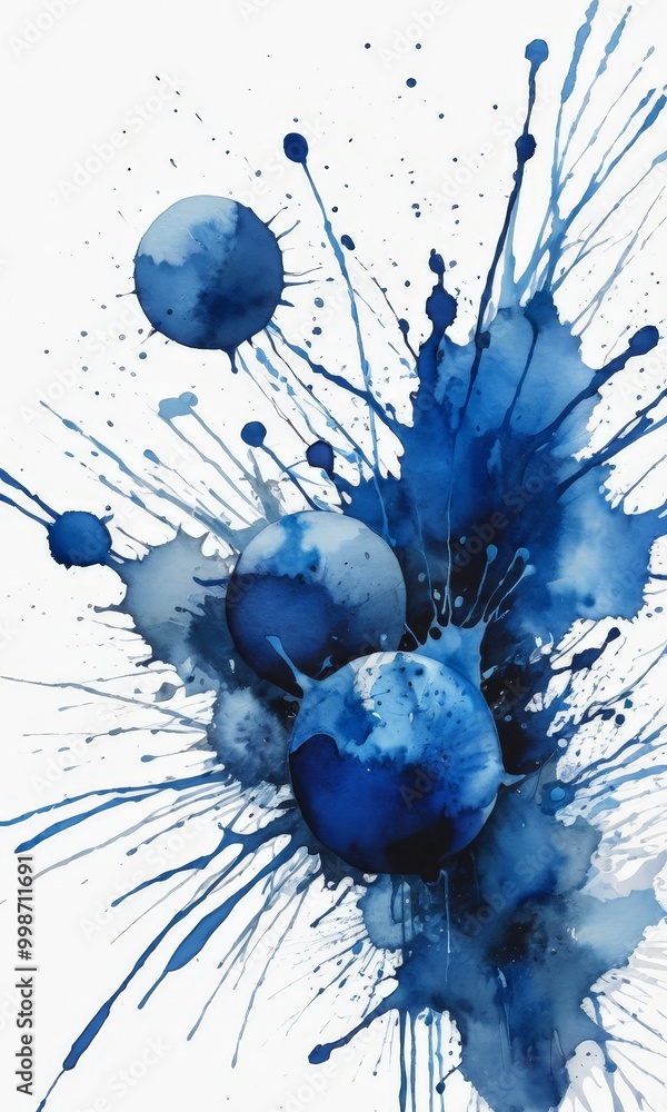 Aufkleber a watercolor painting featuring three blue spheres with splashes of blue paint, creating a dynamic a