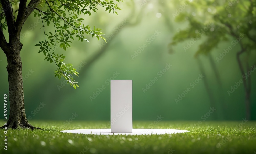 Poster A white rectangular object stands alone on a circular platform in a verdant landscape, with a tree and lush foliage in the background