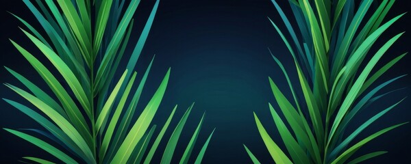 Fototapeta premium a close-up view of a pair of palm leaves with long, thin, and pointed green leaves against a dark blue background.