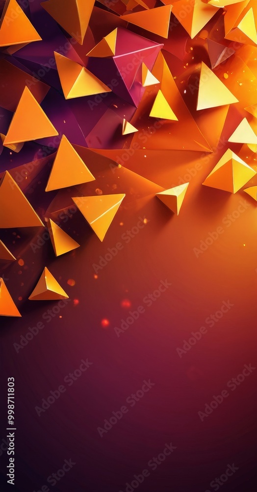 Poster a vibrant abstract composition of numerous overlapping triangular shapes in various shades of orange, yellow, and purple, creating a dynamic and visually striking effect