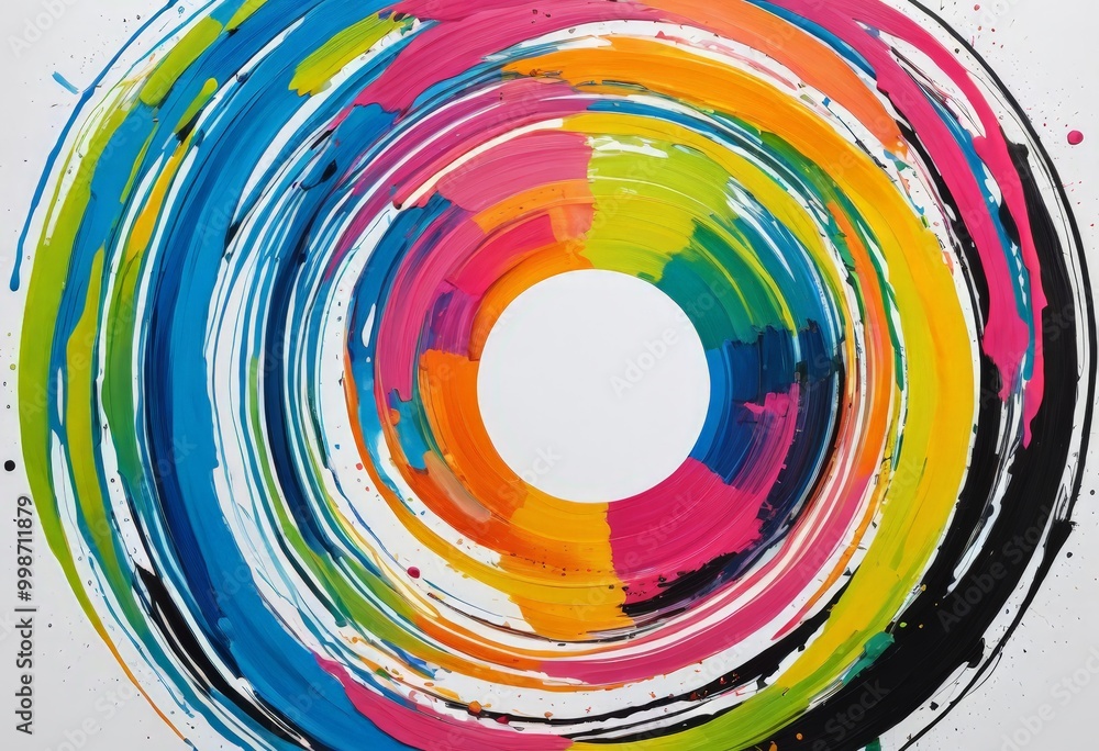 Aufkleber a vibrant abstract painting with a central white circle surrounded by concentric circles of various bright colors, including blue, green, orange, pink, and yellow