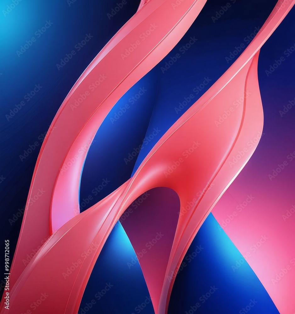 Poster abstract, curved shapes in pink and blue, creating a dynamic and visually striking composition