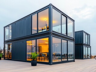 Fototapeta premium Modern container restaurant exterior with glass walls, wooden deck, and surrounded by tall pine trees