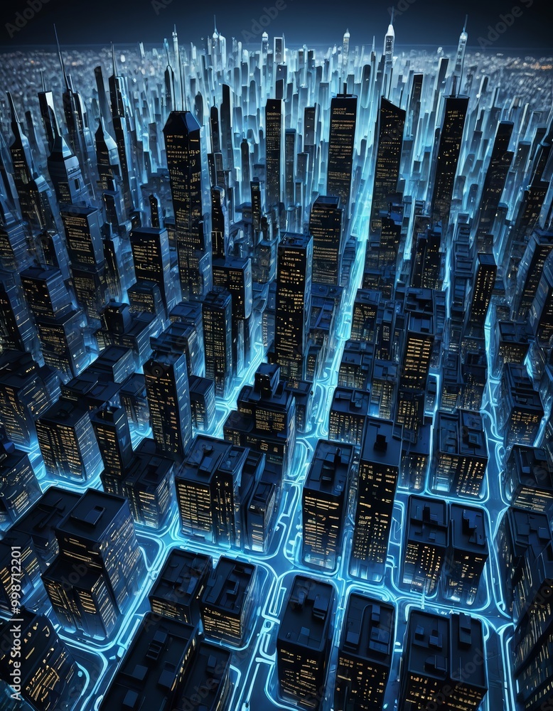 Poster a futuristic cityscape with towering skyscrapers and a network of glowing blue lines crisscrossing t