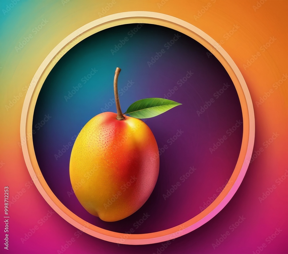 Poster a vibrant, circular frame surrounds a single, ripe mango with a green stem and a single leaf, set ag