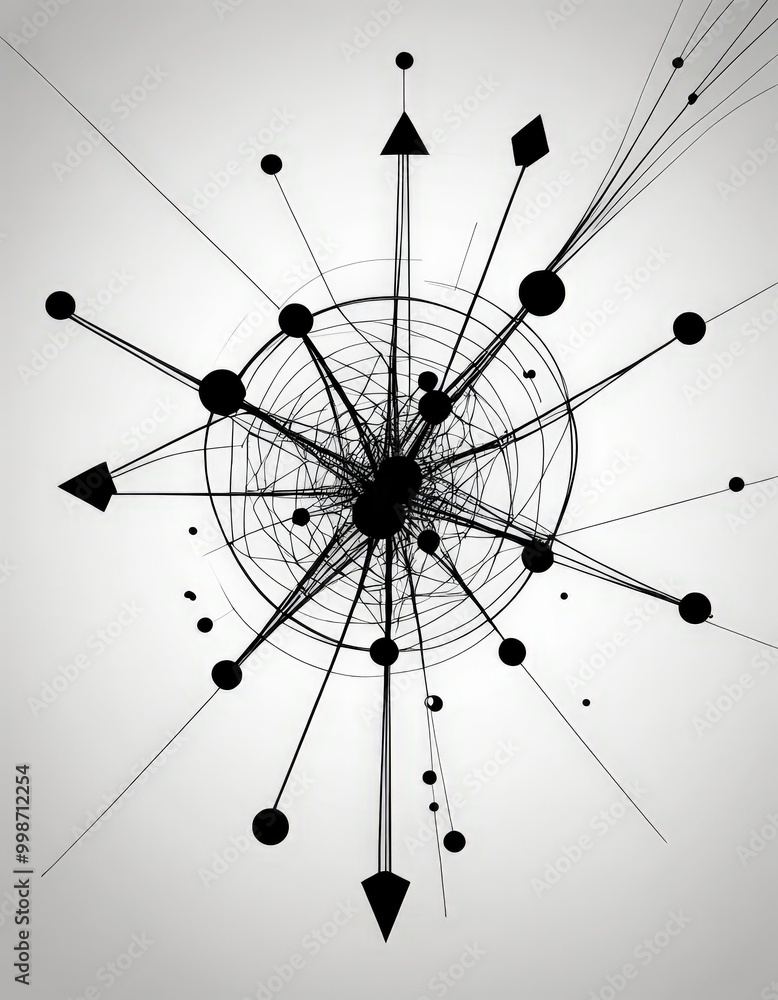 Poster a black and white abstract design composed of various shapes and lines, including circles, triangles, and arrows, arranged in a radial pattern