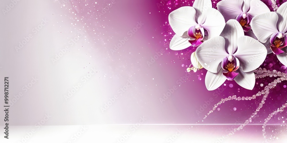 Poster a bouquet of white orchids with purple centers is displayed against a gradient background of pink an