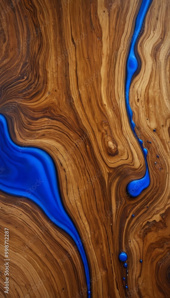 Aufkleber a close-up view wooden surface with a swirling pattern of blue and brown hues, creating a sense of movement and depth