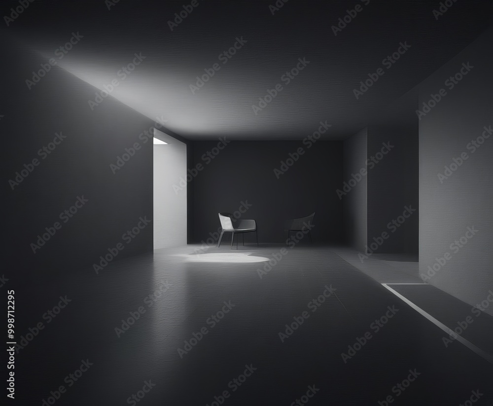 Poster two chairs sit in a dimly lit room, casting long shadows and illuminated by a single light source